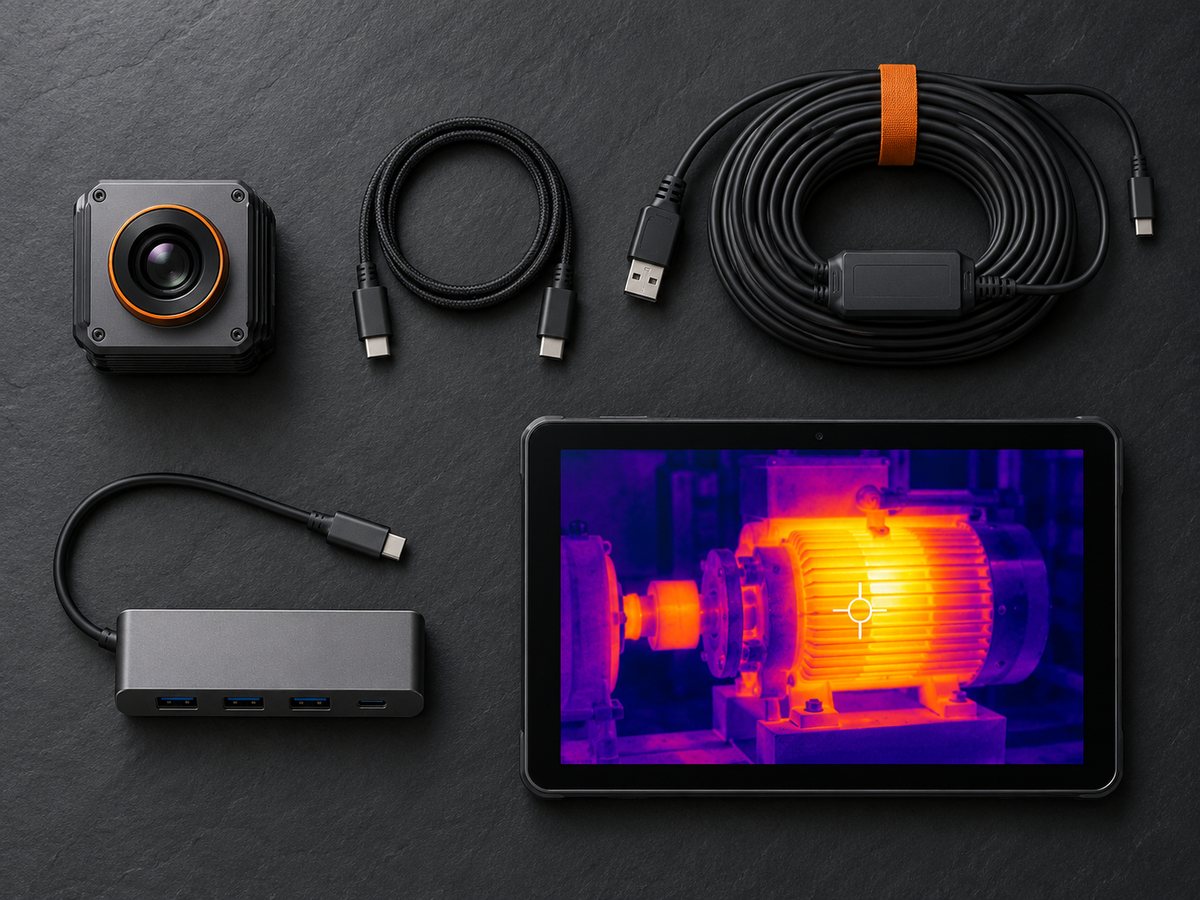 Комплект: тепловізор, кабель USB-C, котушка активного подовжувача, USB-C хаб і планшет